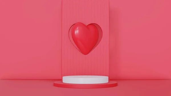 stock image 3d render realistic red and white 3D cylinder pedestal podium with window heart shape background. Valentine minimal scene for products showcase, Promotion display. Abstract studio room platform design