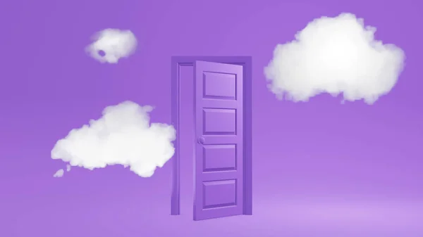 Renderowanie Białe Puszyste Chmury Przechodzące Przez Wylatujące Otwarte Drzwi Obiekty — Zdjęcie stockowe