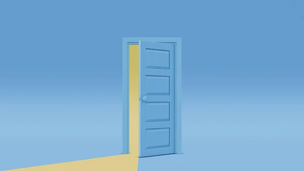 Rendering Yellow Light Going Opening Double Door Isolated Blue Background — Stockfoto