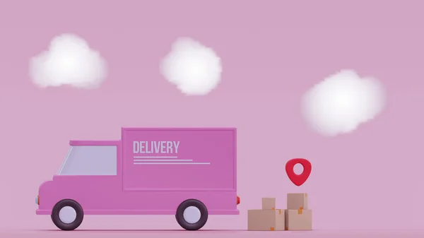 Concept delivery car paper boxes. Shipment delivery by truck and Pin pointer mark location delivery transportation logistics concept on pink background 3d rendering illustration