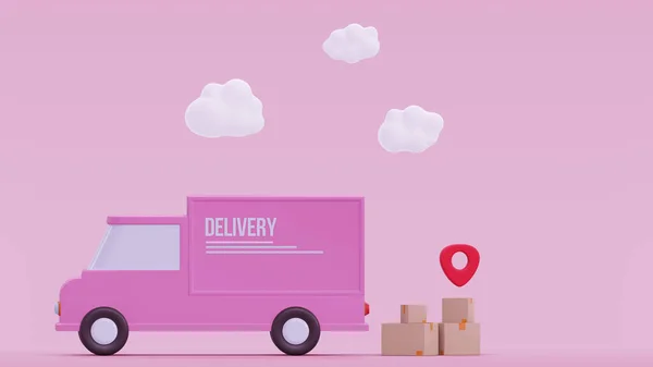 Concept delivery car paper boxes. Shipment delivery by truck and Pin pointer mark location delivery transportation logistics concept on pink background 3d rendering illustration