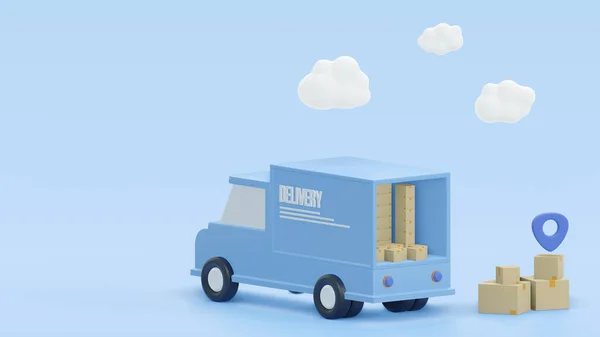 Concept delivery car paper boxes. Shipment delivery by truck and Pin pointer mark location delivery transportation logistics concept on blue background 3d rendering illustration