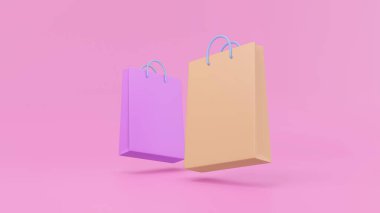 Kese kağıdı paketi. Pembe arka planda 3 boyutlu kağıt poşetler. İnternetten alışveriş konsepti. Çevrimdışı ya da süpermarket. 3d resimleme