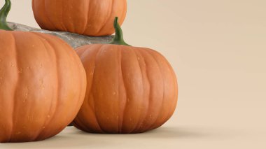 Üç boyutlu Cadılar Bayramı konsepti. Krem renkli arka planda üç balkabağı. Fotokopi alanı olan sonbahar temalı Banner. Cadılar Bayramı ya da sonbahar pankartı reklamı. 3d hazırlayıcı