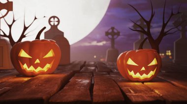 Parti için arka plan. Cadılar Bayramı Balkabakları Ormandaki Ürkütücü Ormanda Gece. 3d oluşturma.