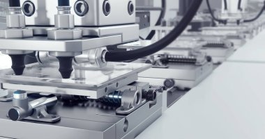Fabrika üretim endüstriyel ürünü. Tıp, teknoloji, bilim. Otomatik makine üretim hattında. Teknoloji ve otomasyon. 3d hazırlayıcı