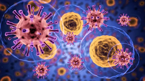 Концепція Органічних Клітин Коронавірус Covid Під Мікроскопом Спалах Вірус Плаває — стокове фото