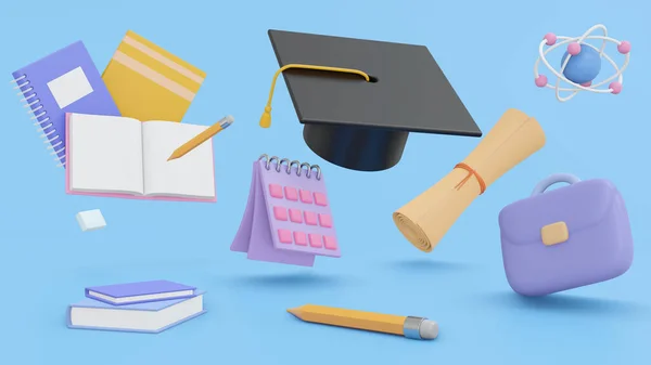 概念教育 毕业生帽四周环绕着毕业文凭 笔记本 文具和蓝色背景的原子 教育理念作为例证 3D渲染 — 图库照片