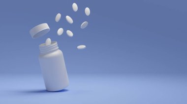 Tıp ve sağlık konsepti. Plastik ilaç şişesinden beyaz haplar mavi arka planda ve fotokopi alanı var. 3d oluşturma.