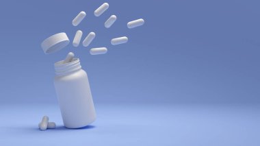 Tıp ve sağlık konsepti. Plastik ilaç şişesinden beyaz haplar mavi arka planda ve fotokopi alanı var. 3d oluşturma.