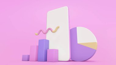 Ticari analiz ticareti, SEO optimizasyonu, hisse senedi ticareti, veri analizi, web analizi ve SEO pazarlama kavramını kapsar. Pembe arka plan. 3d oluşturma