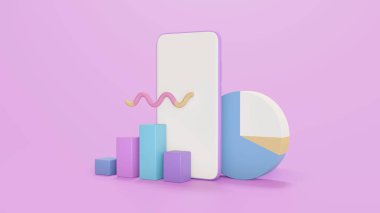 Ticari analiz ticareti, SEO optimizasyonu, hisse senedi ticareti, veri analizi, web analizi ve SEO pazarlama kavramını kapsar. Pembe arka plan. 3d oluşturma