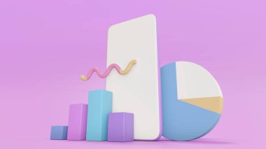 Ticari analiz ticareti, SEO optimizasyonu, hisse senedi ticareti, veri analizi, web analizi ve SEO pazarlama kavramını kapsar. Pembe arka plan. 3d oluşturma
