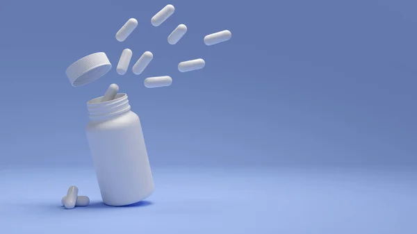 Conceito Medicina Saúde Pílulas Brancas Garrafa Medicina Plástica Fundo Azul — Fotografia de Stock