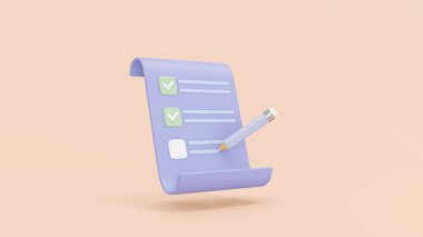 Kalem ve kontrol listesi 3 boyutlu. Sarı arkaplanda pano ve kalem, not defteri simgesi. Çalışmaya hazır 3d resimleme denetimini kontrol et.