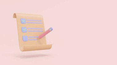 Kalem ve kontrol listesi 3 boyutlu. Sarı arkaplanda pano ve kalem, not defteri simgesi. Çalışmaya hazır 3d resimleme denetimini kontrol et.