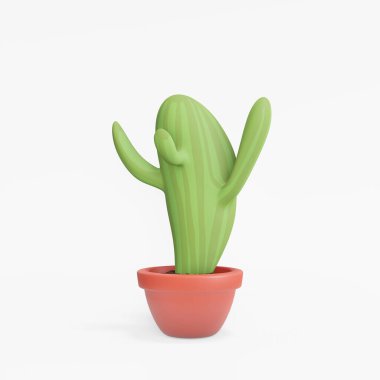 Kaktüs çizgi film canlandırması. Konsept ekoloji evde ya da ofiste çalışır. Konfor için çalışma alanı tasarla. Beyaz arka planda üç boyutlu illüstrasyon. Kaktüsün 3B görüntüleme nesnesi