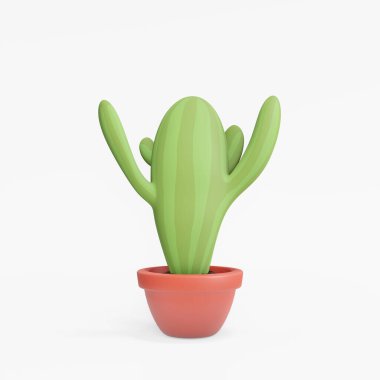 Kaktüs çizgi film canlandırması. Konsept ekoloji evde ya da ofiste çalışır. Konfor için çalışma alanı tasarla. Beyaz arka planda üç boyutlu illüstrasyon. Kaktüsün 3B görüntüleme nesnesi