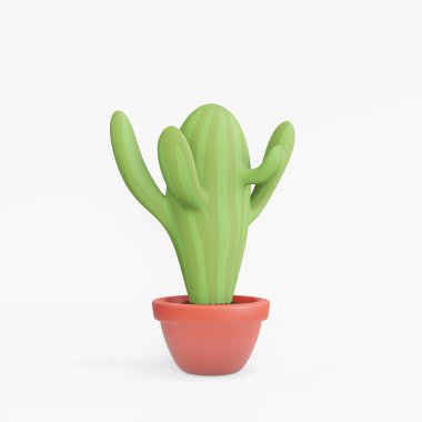 Kaktüs çizgi film canlandırması. Konsept ekoloji evde ya da ofiste çalışır. Konfor için çalışma alanı tasarla. Beyaz arka planda üç boyutlu illüstrasyon. Kaktüsün 3B görüntüleme nesnesi