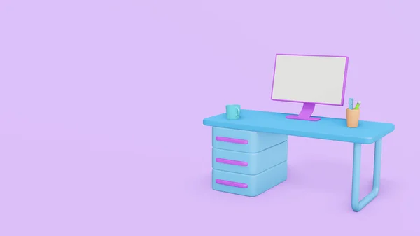 コンセプトホームワーク 素敵な仕事だ コンピュータ付きのモダンなデスク 家のインテリアのコンセプトから最小限の仕事 紫色の背景 3Dレンダリング漫画 — ストック写真