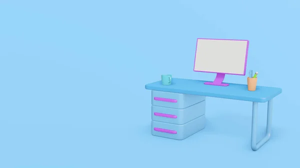 コンセプトホームワーク 素敵な仕事だ コンピュータ付きのモダンなデスク 家のインテリアのコンセプトから最小限の仕事 青の背景 3Dレンダリング漫画 — ストック写真