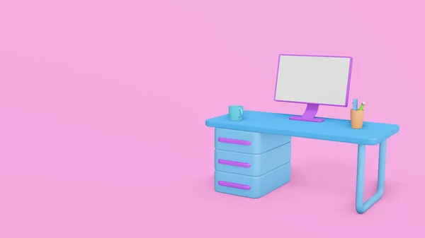 Concept home working. Lovely job. Modern Desk with computer. minimal work from home interior concept. Pink background. 3d rendering cartoon