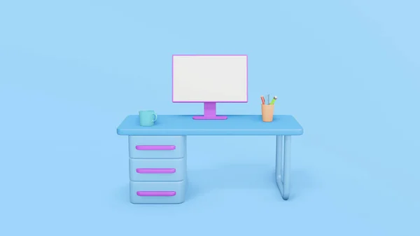 在家工作的概念 漂亮的工作 现代办公桌与计算机 最小的工作从家庭内部的概念 蓝色背景 3D渲染漫画 — 图库照片