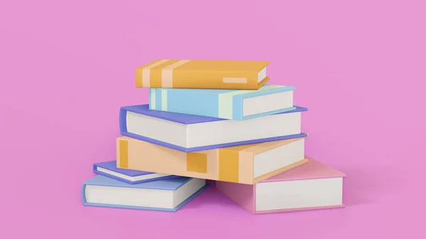분홍색 배경에 색깔의 책들이 아무렇게 나놓여 있음을 나타낸다 — 스톡 사진