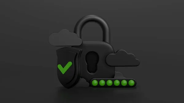 Concept security shield lock and check mark. Cloud dark metalic style icon. Dark black background for cyber protection. 3d rendering