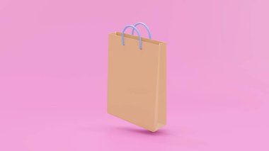 Kese kağıdı paketi. Pembe arka planda 3 boyutlu kağıt poşetler. İnternetten alışveriş konsepti. Çevrimdışı ya da süpermarket. 3d resimleme