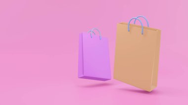 Kese kağıdı paketi. Pembe arka planda 3 boyutlu kağıt poşetler. İnternetten alışveriş konsepti. Çevrimdışı ya da süpermarket. 3d resimleme