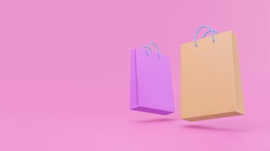 Kese kağıdı paketi. Pembe arka planda 3 boyutlu kağıt poşetler. İnternetten alışveriş konsepti. Çevrimdışı ya da süpermarket. 3d resimleme