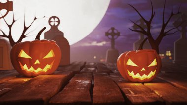 Parti için arka plan. Cadılar Bayramı Balkabakları Ormandaki Ürkütücü Ormanda Gece. 3d oluşturma.