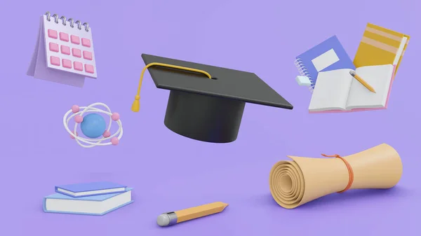 Concept education. Graduate cap surrounded by graduation leaves, school bags, notebooks, stationery and atoms on purple background. Education idea for illustration. 3d render