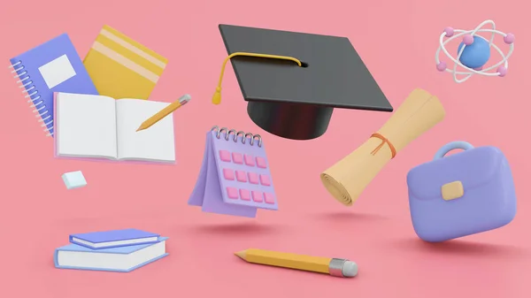 Concept education. Graduate cap surrounded by graduation leaves, school bags, notebooks, stationery and atoms on pink background. Education idea for illustration. 3d render