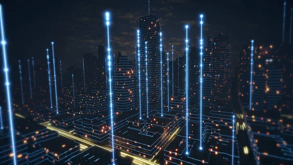 Concept Smart city and abstract line and dot connect with gradient line design, big data connection technology concept. dark data visualisation glowing city. plexus sky. 3d render