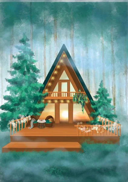 Rám Dřevěný Dům Terasou Světly Mlhavém Modrém Lese — Stock fotografie