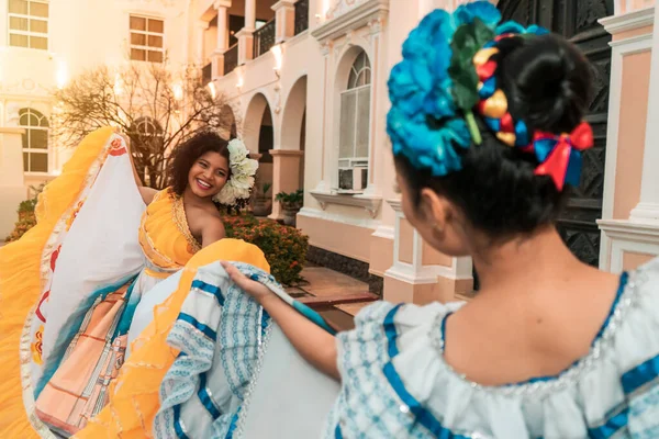 Two Young Latina Women One Mestizo One Hispanic Dancing Traditional —  Fotos de Stock