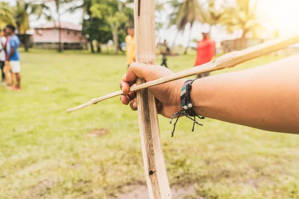 Wooden bow and arrow used by the Miskito and Mayagna indigenous communities of the Caribbean of Nicaragua, Central America