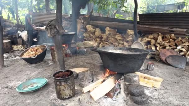 拉丁美洲一所破房子里的病人 那里的油炸猪肉是在篝火边的金属锅里烹调的 — 图库视频影像