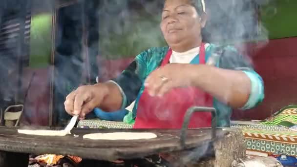 Mujer Latina Adulta Cocinando Tortillas Una Plancha Metal Humilde Hogar — Vídeo de stock