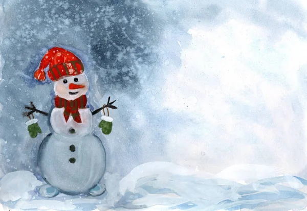 Watercolor Drawing Snowman Christmas Card — Stockfoto