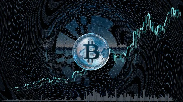 Bitcoin Münze Mit Steigenden Kursen Vor Dunklem Und Dramatischem Hintergrund — Stockfoto