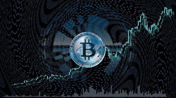 Fiyat grafikli Bitcoin karanlık ve dramatik bir arkaplan önünde yükseliyor