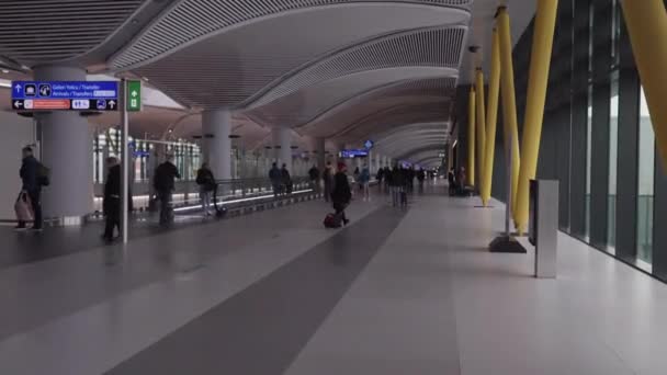 Isztambul Repülőtere Terminálon Belül Emberek Végigsétálnak Folyosón Miután Megérkeztek — Stock videók