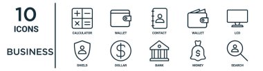 iş ana hatları simgesi seti ince çizgi hesap makinesi, kişi, Lcd, dolar, para, arama, rapor, sunum, diyagram, web tasarımı için kalkan simgeleri içerir