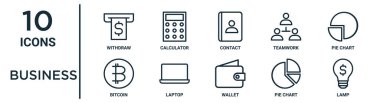 iş ana hatları simgesi seti ince çizgi çekilme, temas, pasta grafiği, dizüstü bilgisayar, pasta grafiği, lamba, rapor için bitcoin simgeleri, sunum, diyagram, web tasarımı içerir