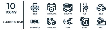 Elektrikli araba taslak simgesi seti ince çizgi sedan, yedek araba, sedan, elektrikli araba, yakıt yok, yokuş yukarı, rapor için iletim simgeleri, sunum, diyagram, web tasarımı