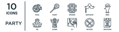 parti ana hatları simgesi seti ince çizgi pizza, hoparlör, bira, palyaço, yemek yok, davet, rapor için turta simgeleri, sunum, diyagram, web tasarımı içerir