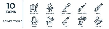 Güç araçları ana hatları simge seti ince çizgi kaynak jeni, tel kesici, çit, yapboz, mengene, çivi tabancası, rapor için yönlendirici simgeleri, sunum, diyagram, web tasarımı içerir